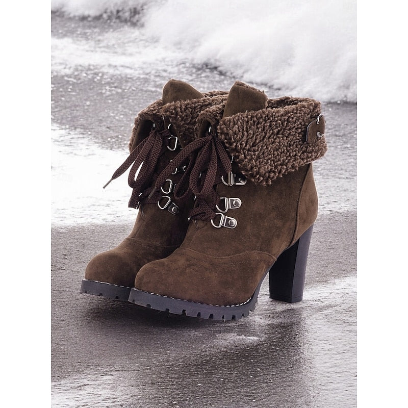 Lace-Up Winter Boots with Gripped Sole and Plush Lining, Chunky Heel