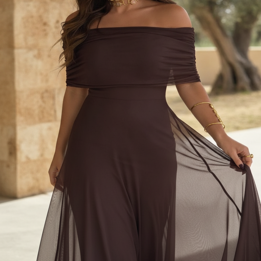 Elegant brown off-shoulder maxi dress for women, perfect for evening parties & special occasions.
