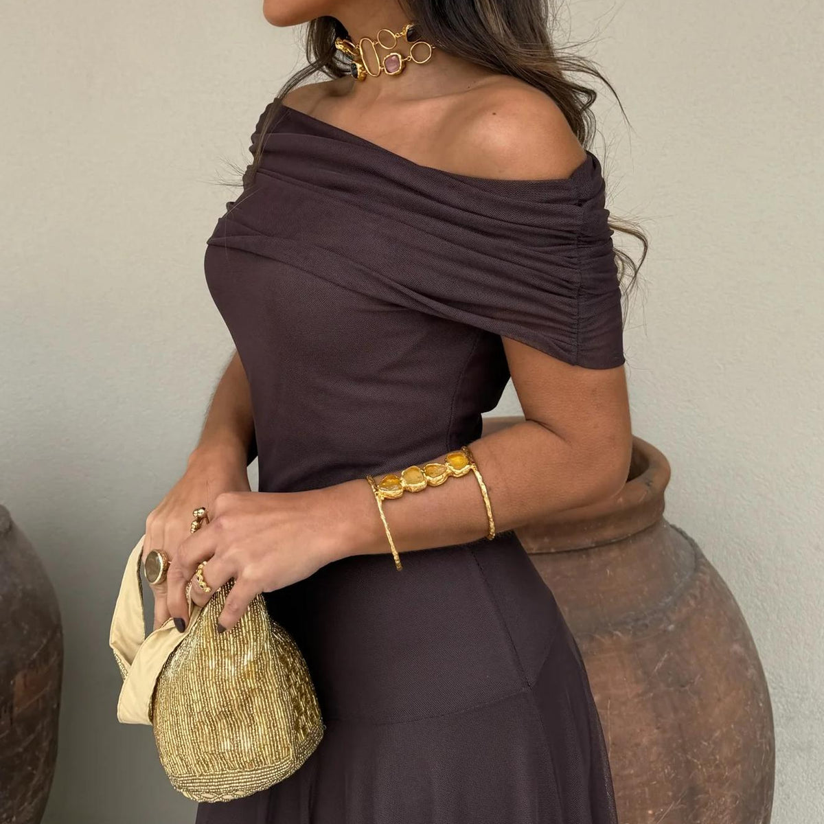 Versatile elegant brown off-shoulder maxi dress for women, perfect for evening galas, parties, or special events.