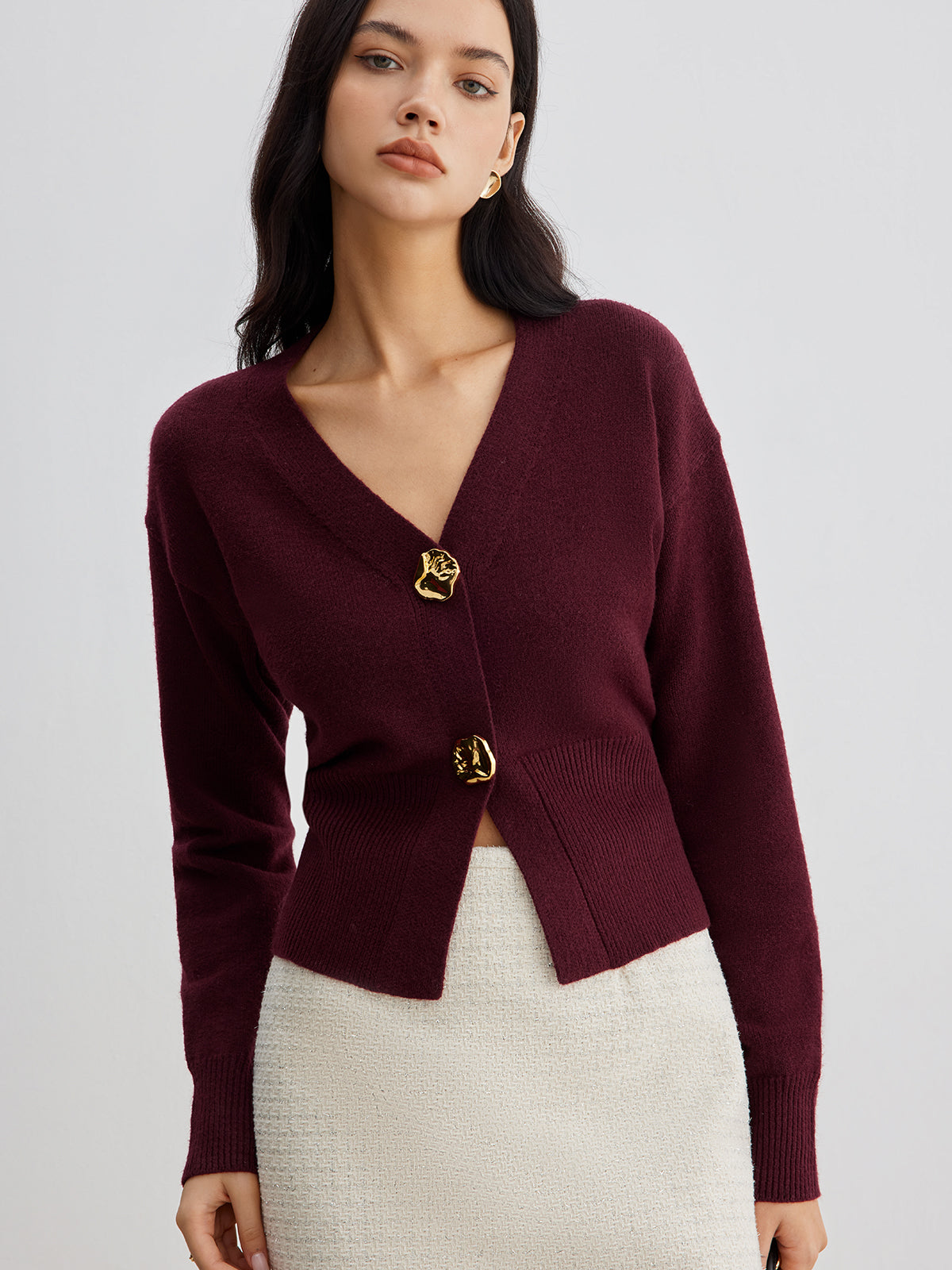 Knit Button Cardigan with Medium Stretch and Hip Length Coverage