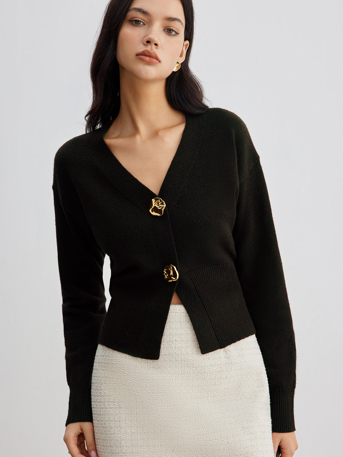 Knit Button Cardigan with Medium Stretch and Hip Length Coverage