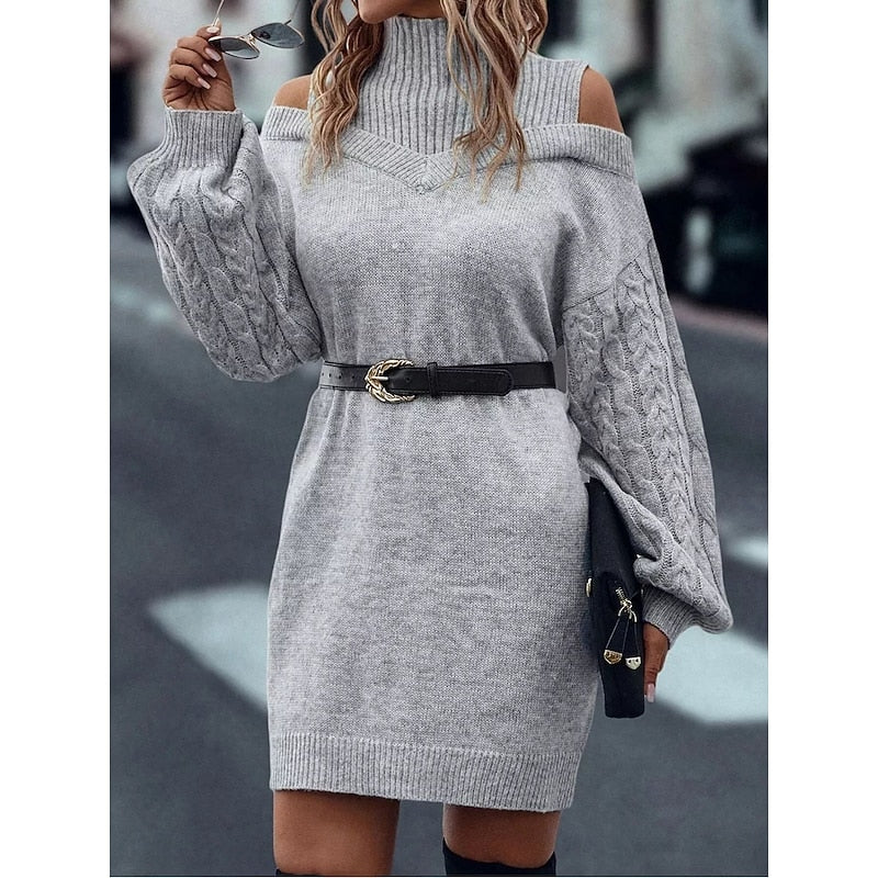 Cold-Shoulder Turtleneck Sweater Dress with Cable Knit Sleeves
