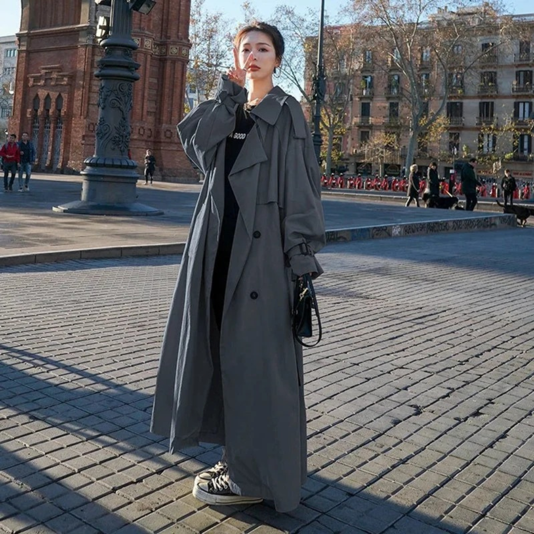 Womens Belted Maxi Trench Coat with Oversize Fit and Adjustable Tie Belt