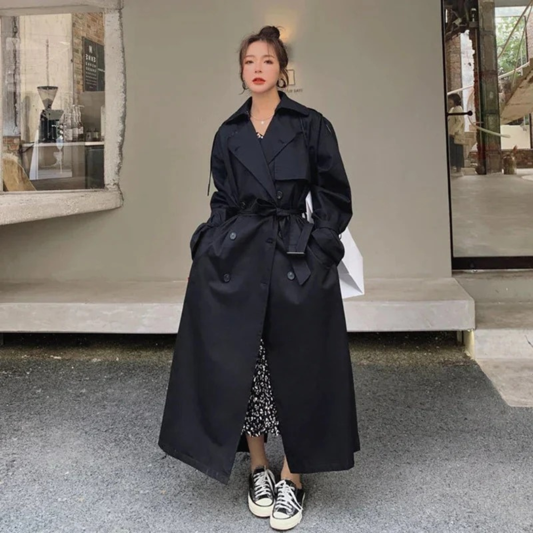 Womens Belted Maxi Trench Coat with Oversize Fit and Adjustable Tie Belt