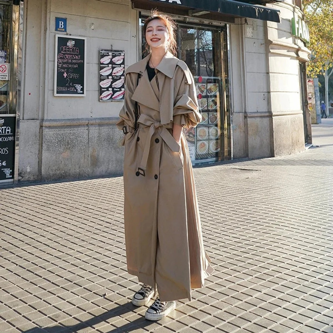 Womens Belted Maxi Trench Coat with Oversize Fit and Adjustable Tie Belt