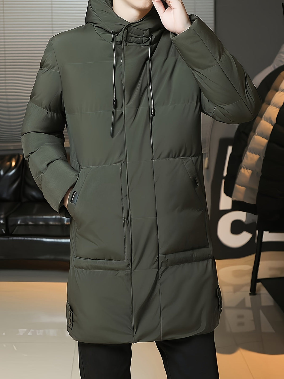 Insulated Longline Hooded Coat with Full-Length Zipper and Adjustable Hood
