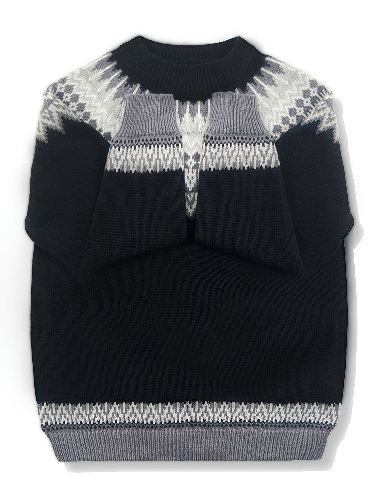 Chunky Jacquard Knit Sweater with Round Neck and Ribbed Cuffs, Hip Length