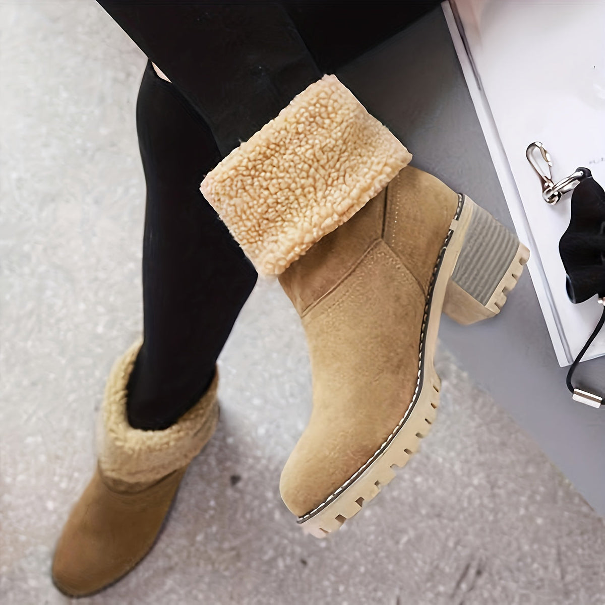 Slip On Ankle Boots with Plush Folded Cuff and Treaded Rubber Sole
