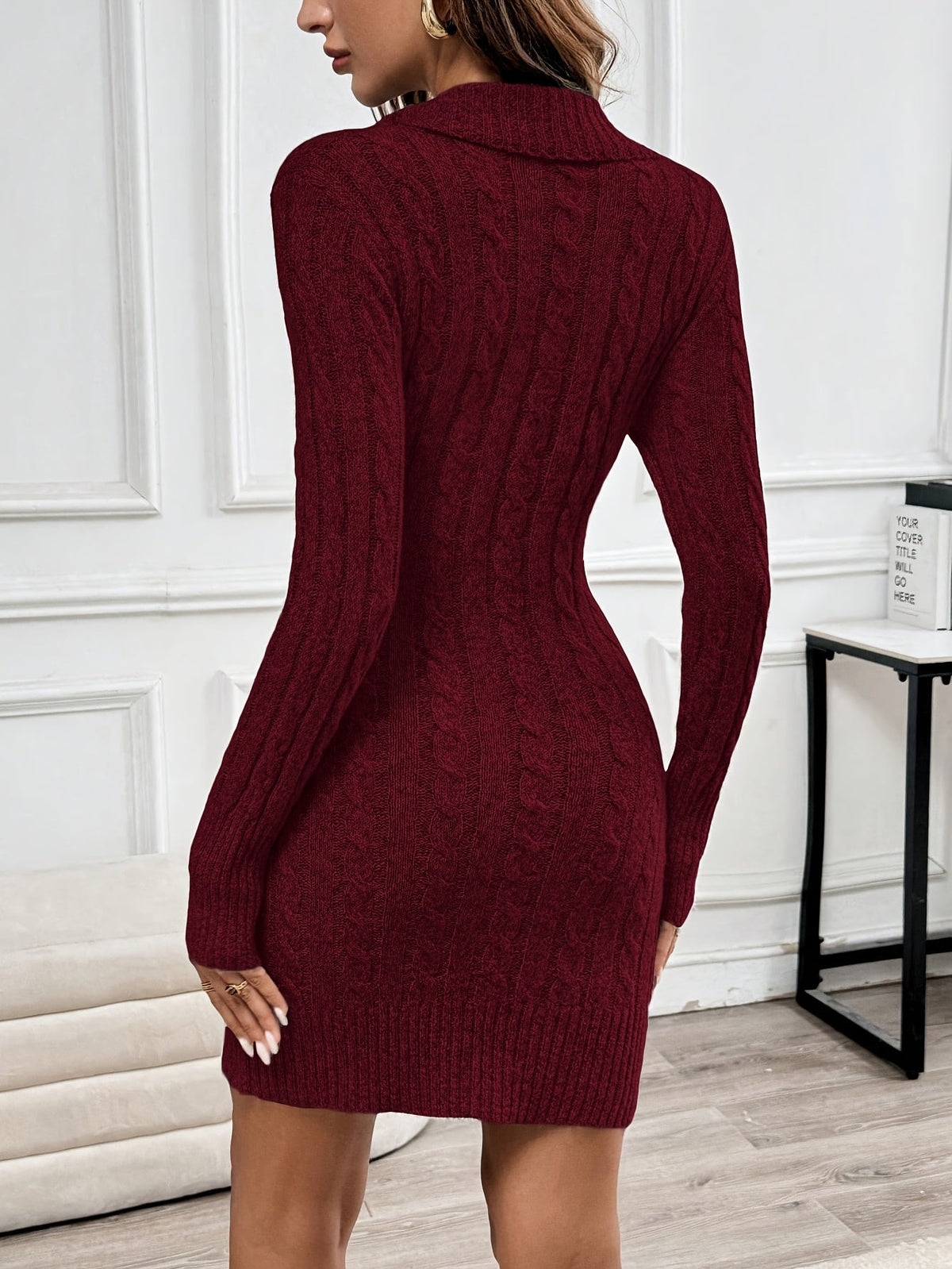 Cable Knit Midi Dress with Crossover V-Neckline and Side Button Closure