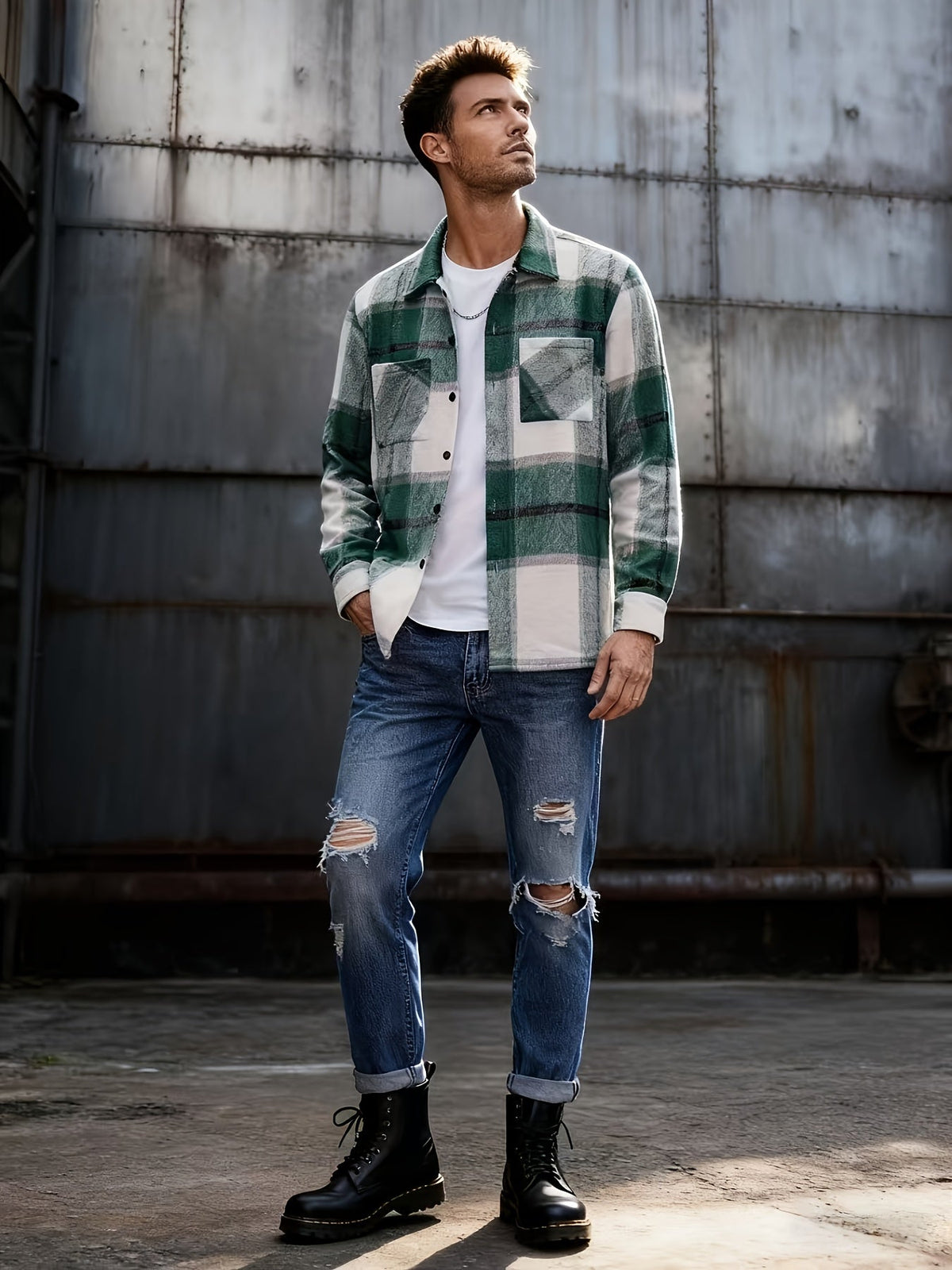 Check Pattern Button Front Overshirt with Dual Chest Pockets and Adjustable Cuffs