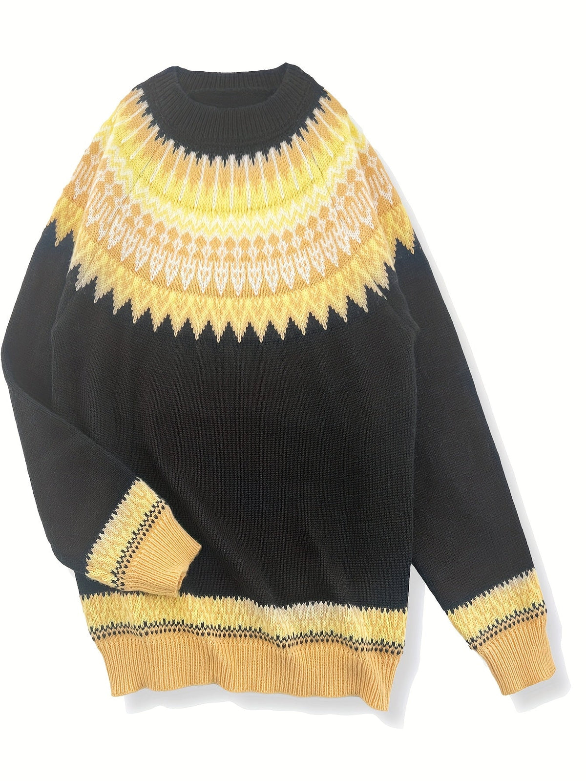 Chunky Jacquard Knit Sweater with Round Neck and Ribbed Cuffs, Hip Length