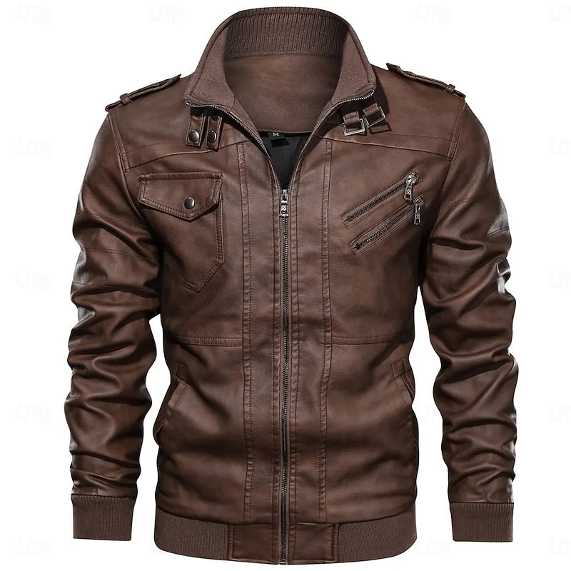 Stand Collar Biker Jacket with Ribbed Cuffs and Full Zip Closure