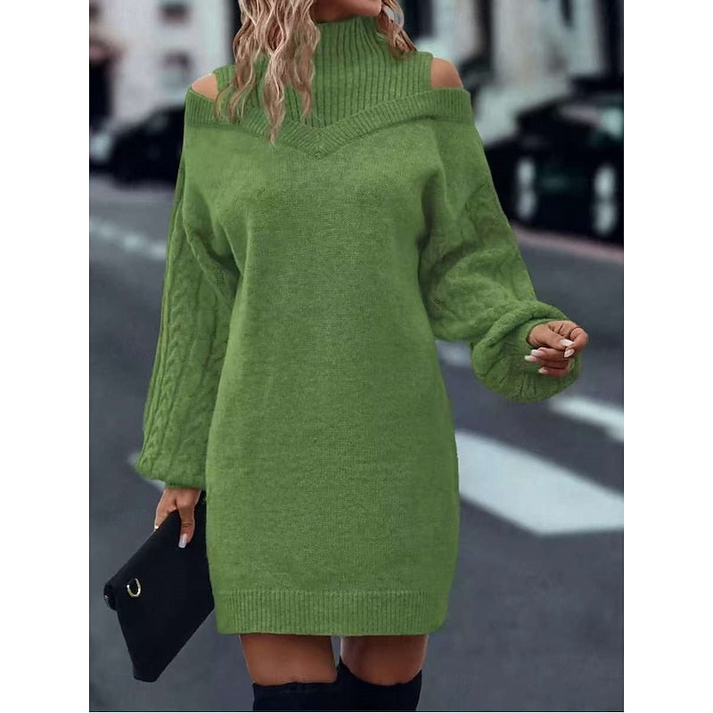 Cold-Shoulder Turtleneck Sweater Dress with Cable Knit Sleeves