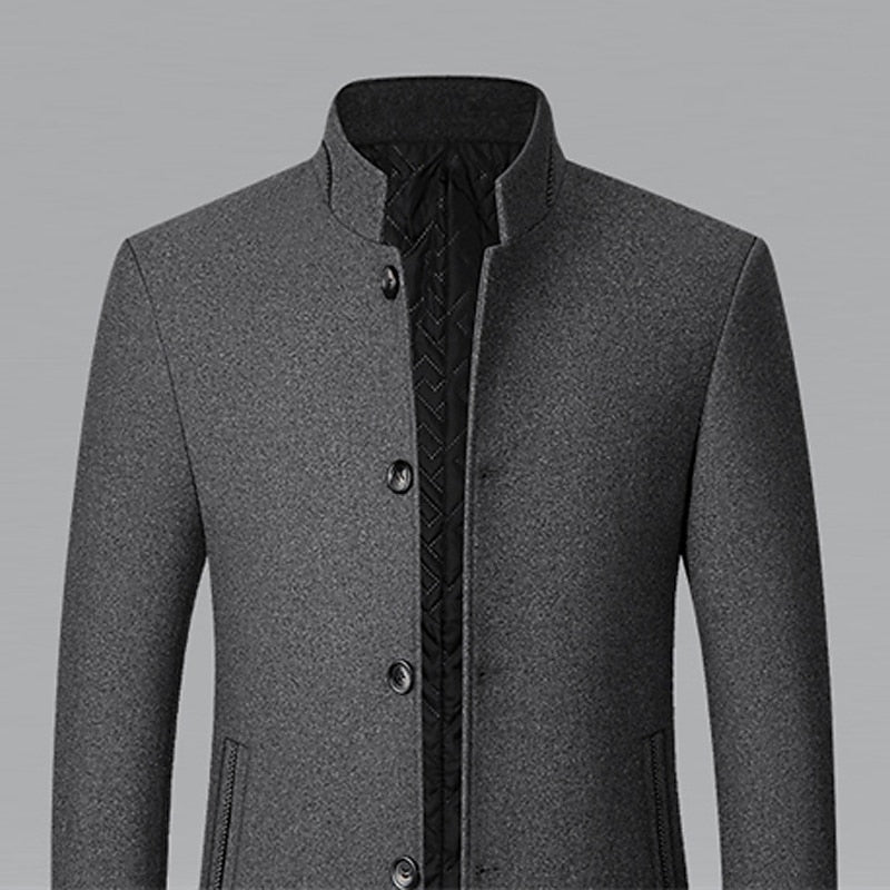 Tailored Overcoat with Stand Collar and Button Front, Hip-Length Coverage