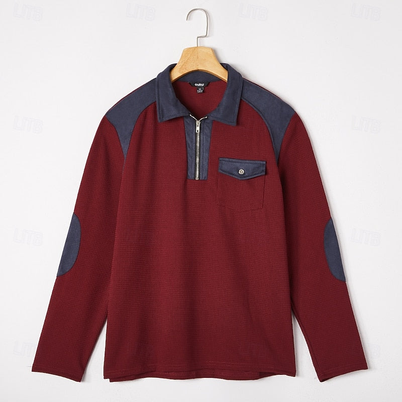 Quarter Zip Pullover with Textured Fabric and Elbow Patches, Chest Pocket