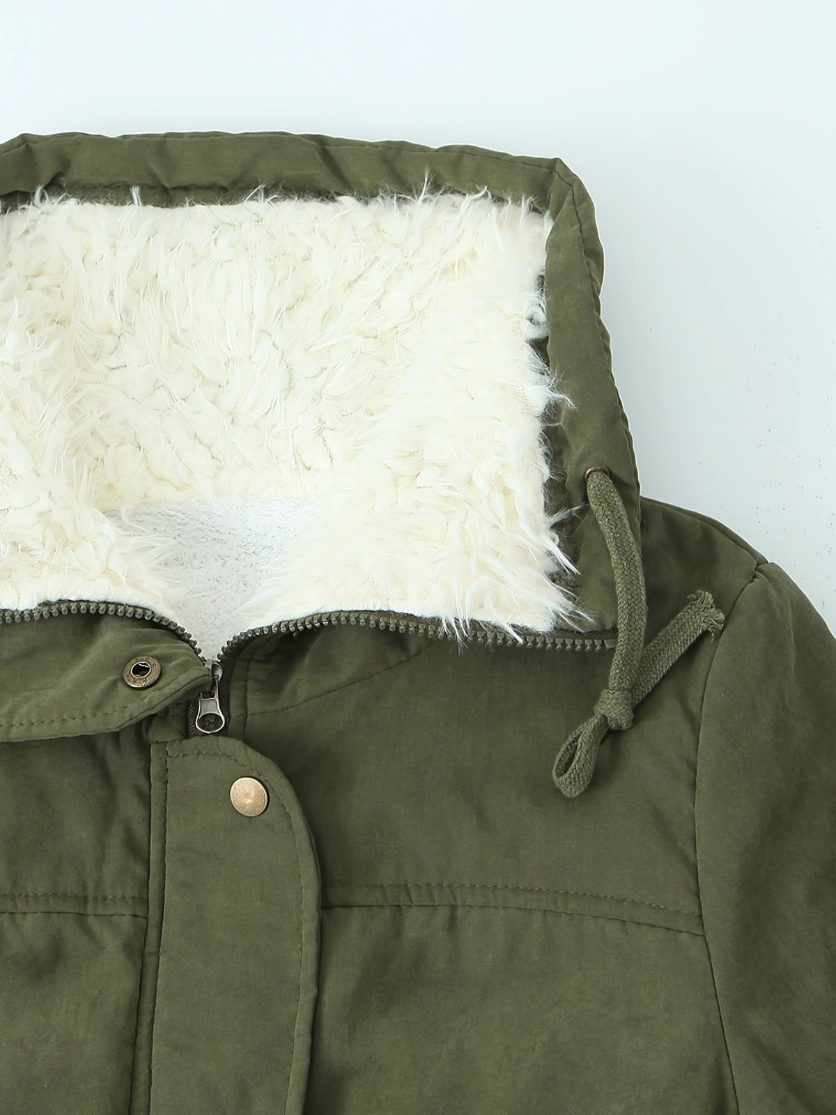 Mid Length Parka with Plush Lining and Adjustable Drawstring, Snap Button Closure