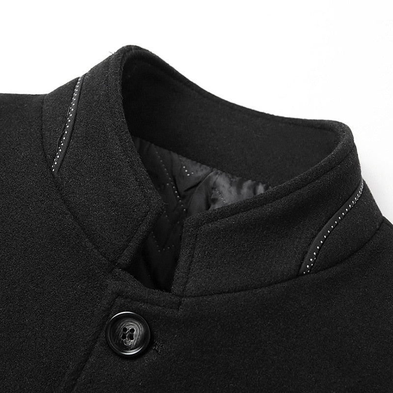 Tailored Overcoat with Stand Collar and Button Front, Hip-Length Coverage
