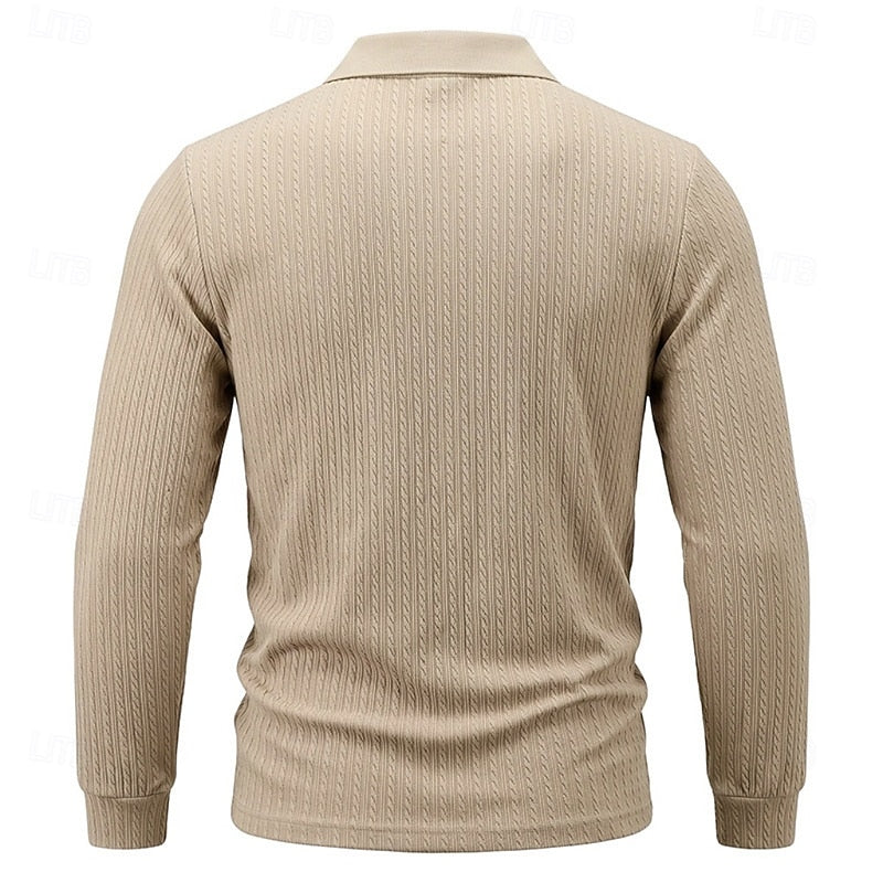 Mens Textured Quarter-Zip Polo Shirt with Long Sleeves and Regular Fit