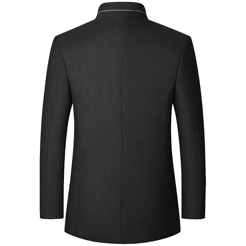 Tailored Overcoat with Stand Collar and Button Front, Hip-Length Coverage