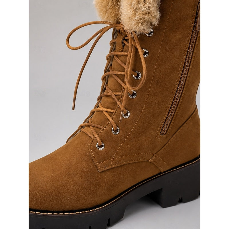 Knee-High Winter Boots with Lace-Up Front and Lug Sole, Plush Cuff