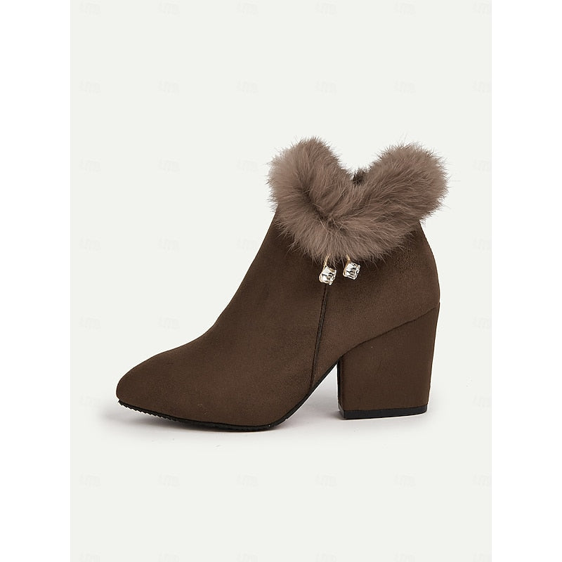 Ankle Boots with Plush Collar and Block Heel, Side Zip Pointed Toe