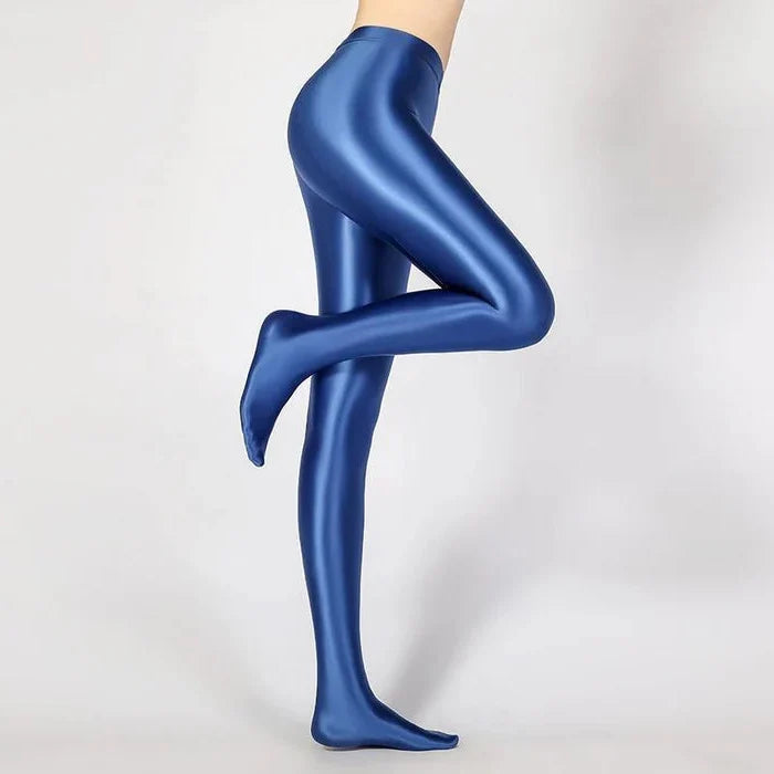 High Waist Opaque Stockings with Glossy Wet Look and Back Seam Detail
