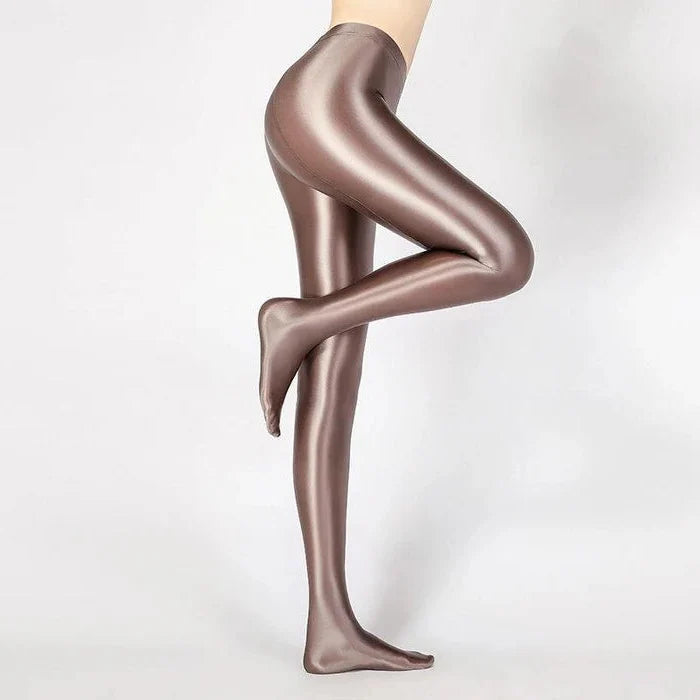High Waist Opaque Stockings with Glossy Wet Look and Back Seam Detail
