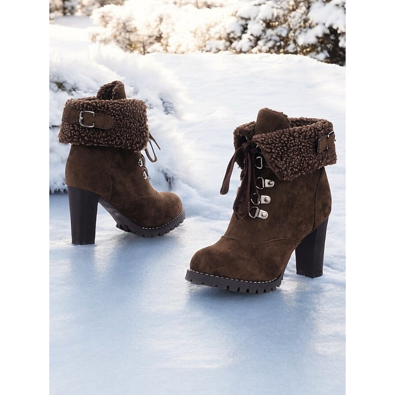 Lace-Up Winter Boots with Gripped Sole and Plush Lining, Chunky Heel