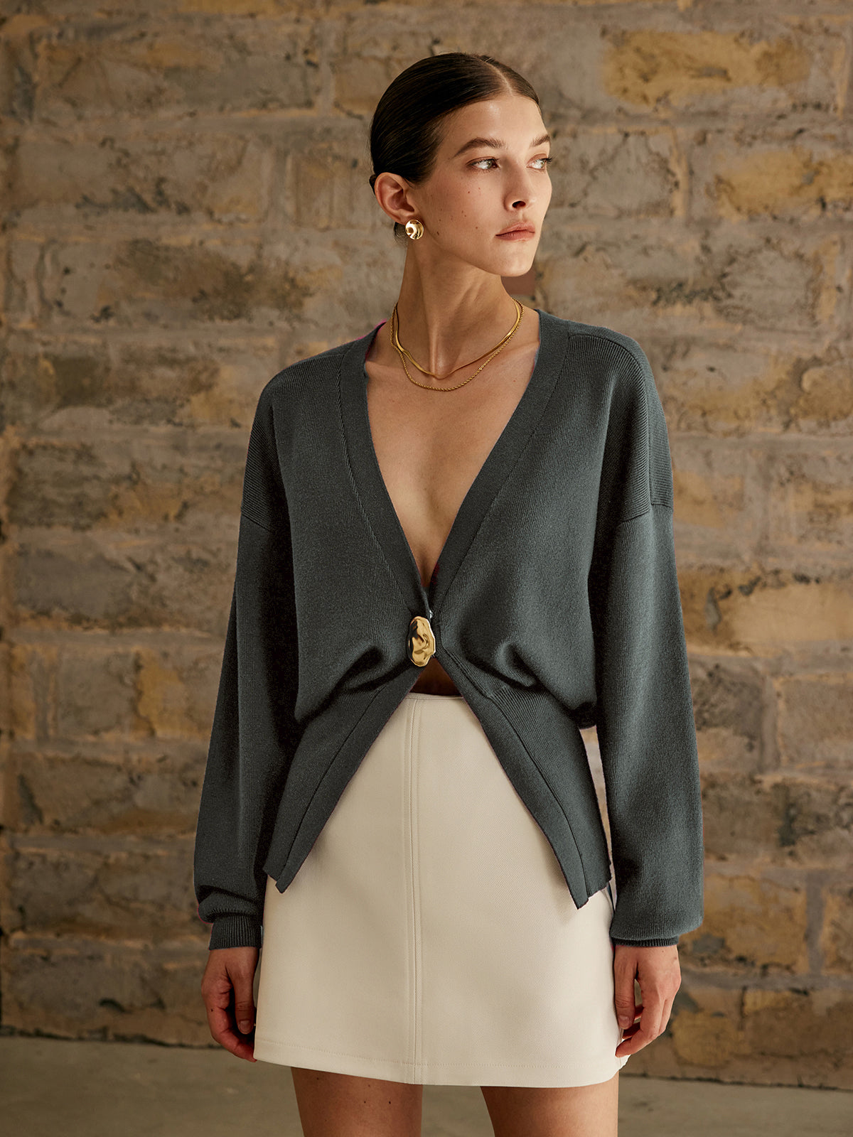 Button Front Cardigan with Medium Stretch Knit for Work