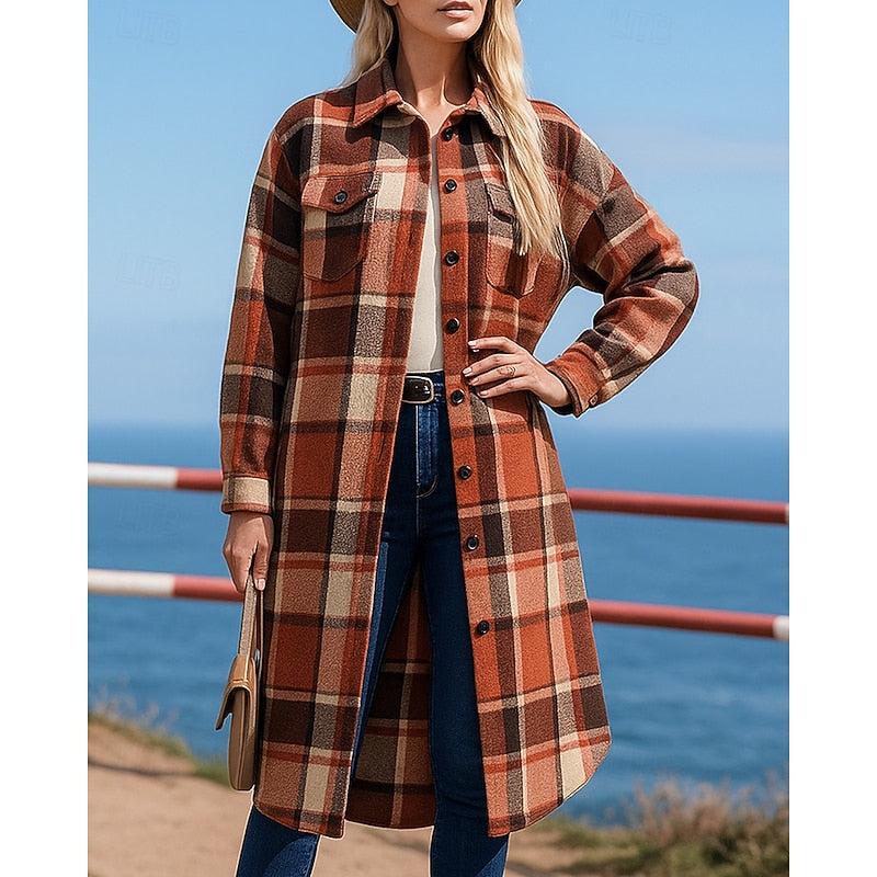 Checked Longline Coat with Button Front and Relaxed Fit, Hip Pockets