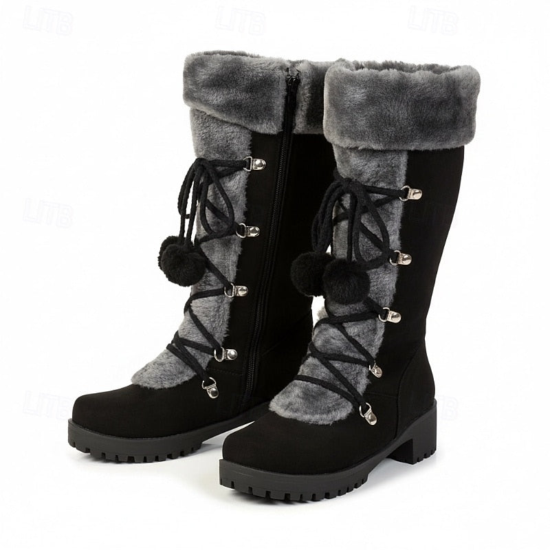 Mid Calf Winter Boots with Lace Up Design and Fur Trim Block Heel