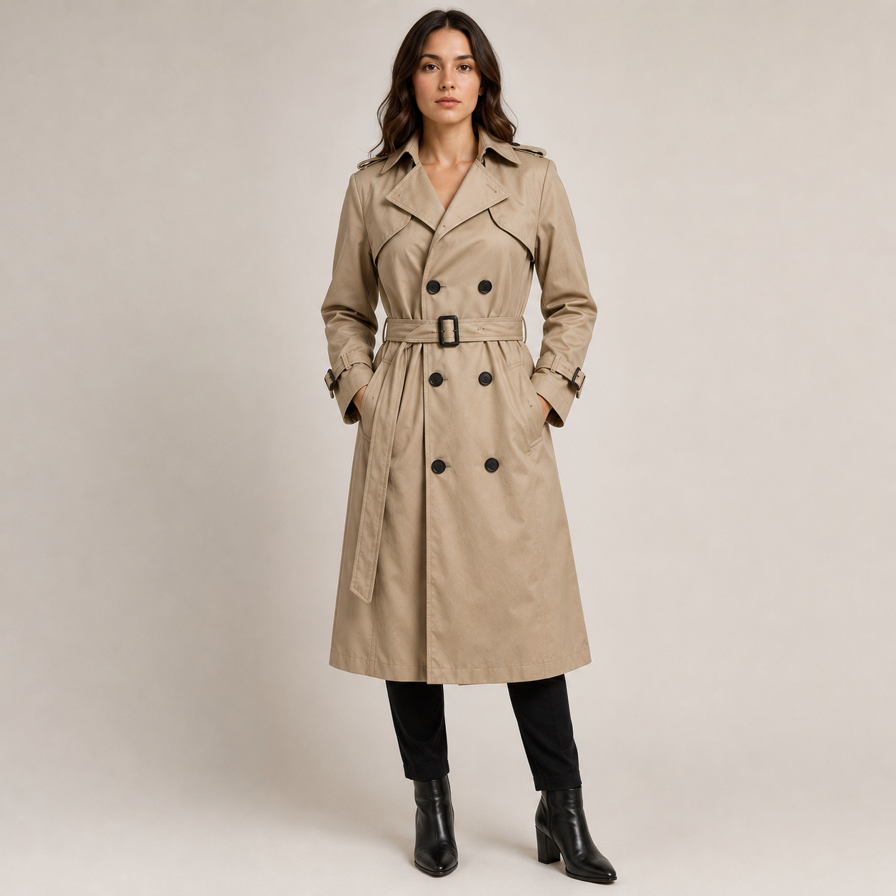 Womens Long Trench Coat with Adjustable Waist Belt and Front Closure