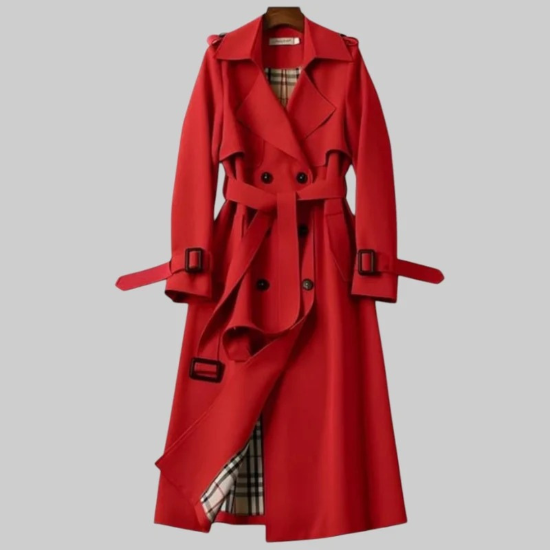 Womens Long Trench Coat with Adjustable Waist Belt and Front Closure