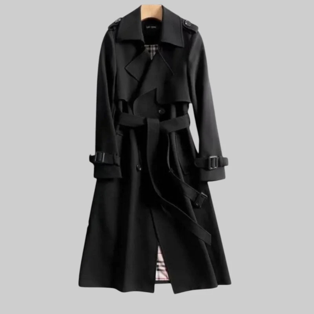 Womens Long Trench Coat with Adjustable Waist Belt and Front Closure