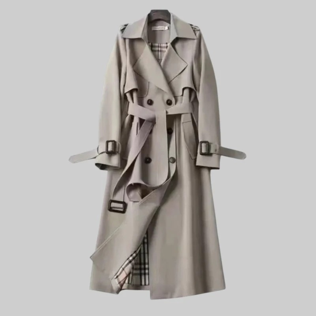 Womens Long Trench Coat with Adjustable Waist Belt and Front Closure