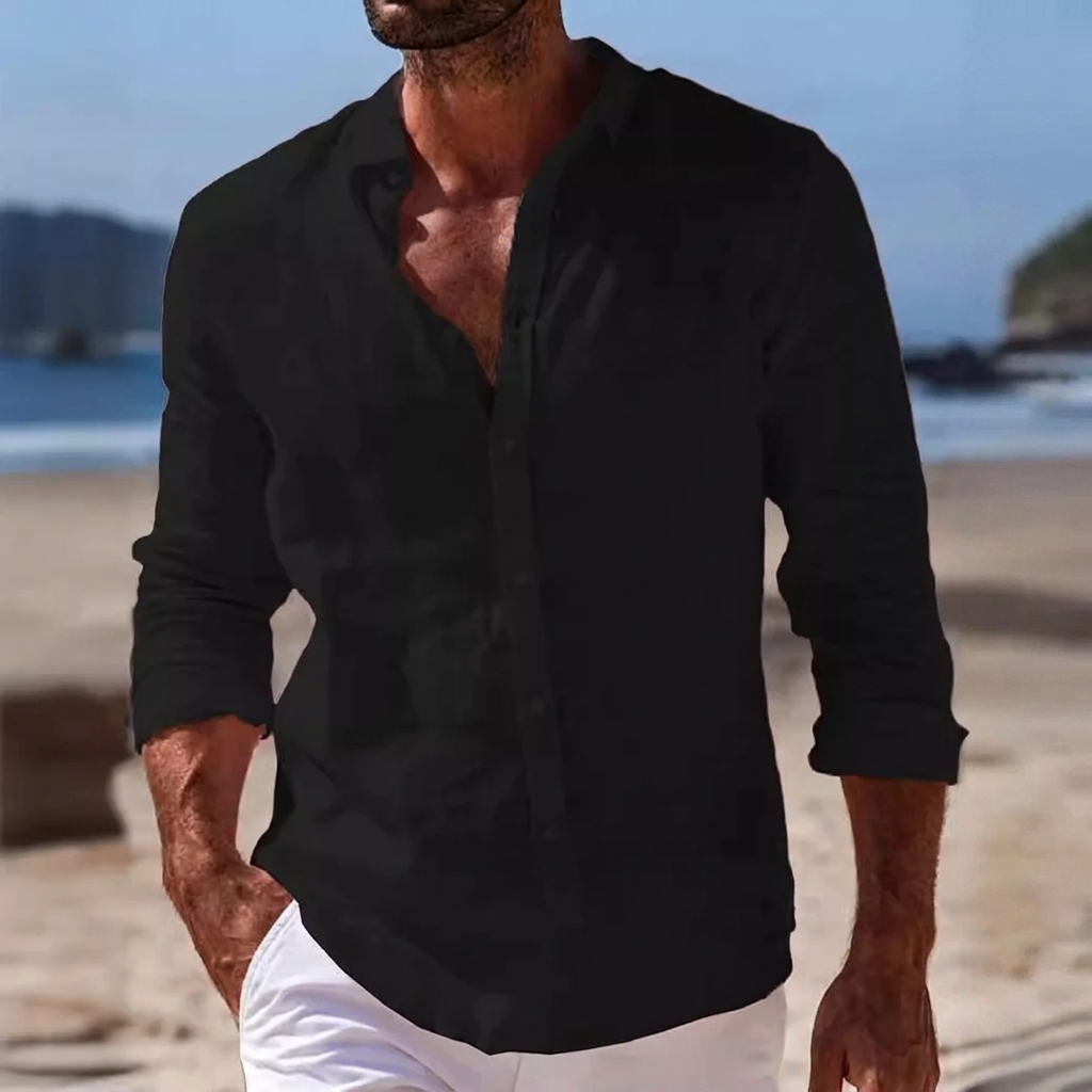 Cotton Linen Long Sleeve Shirt with Classic Collar and Relaxed Fit