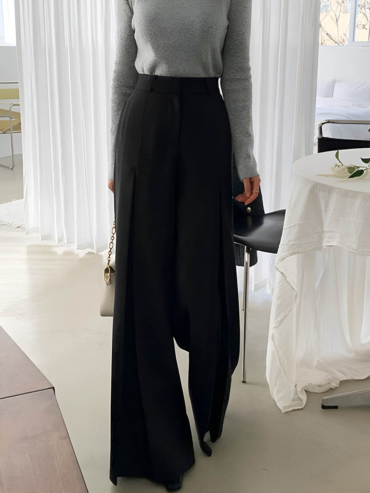 Womens High Waist Pleated Pants with Side Pockets and Regular Fit