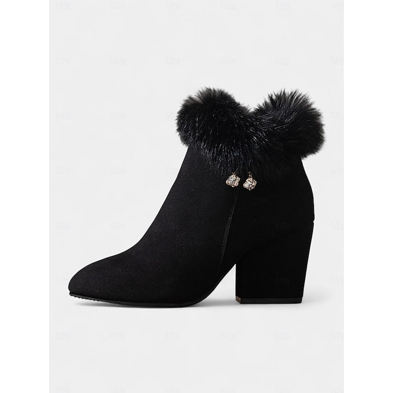 Ankle Boots with Plush Collar and Block Heel, Side Zip Pointed Toe