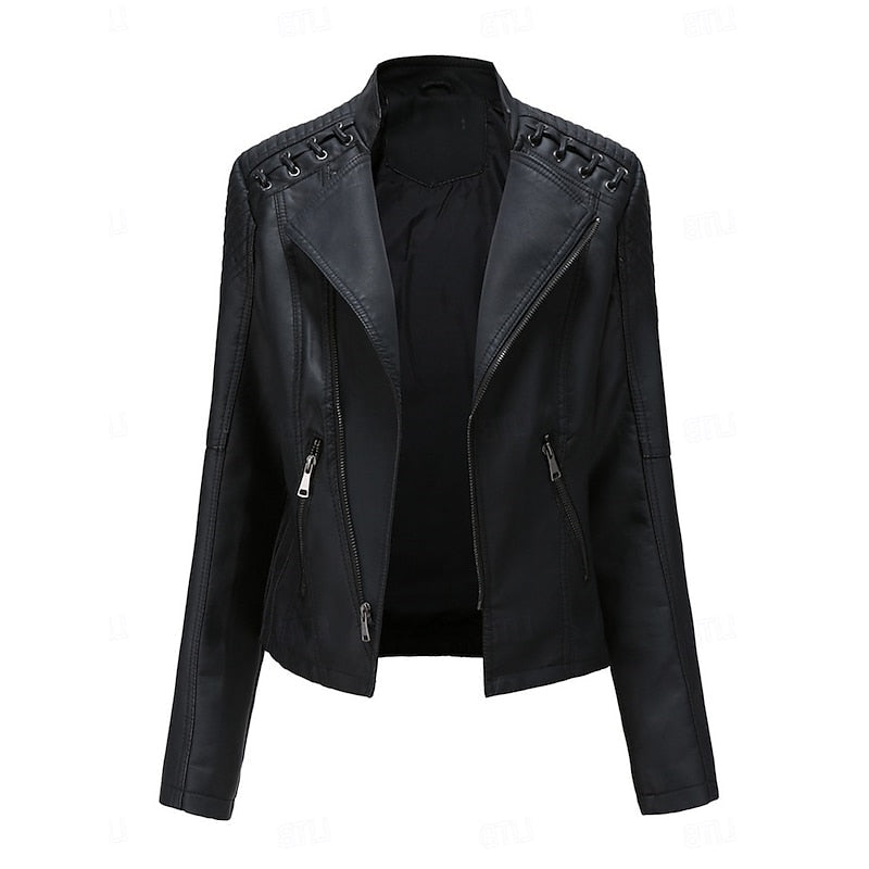 Tailored Biker Jacket with Front Zip and Structured Silhouette for Fall Winter
