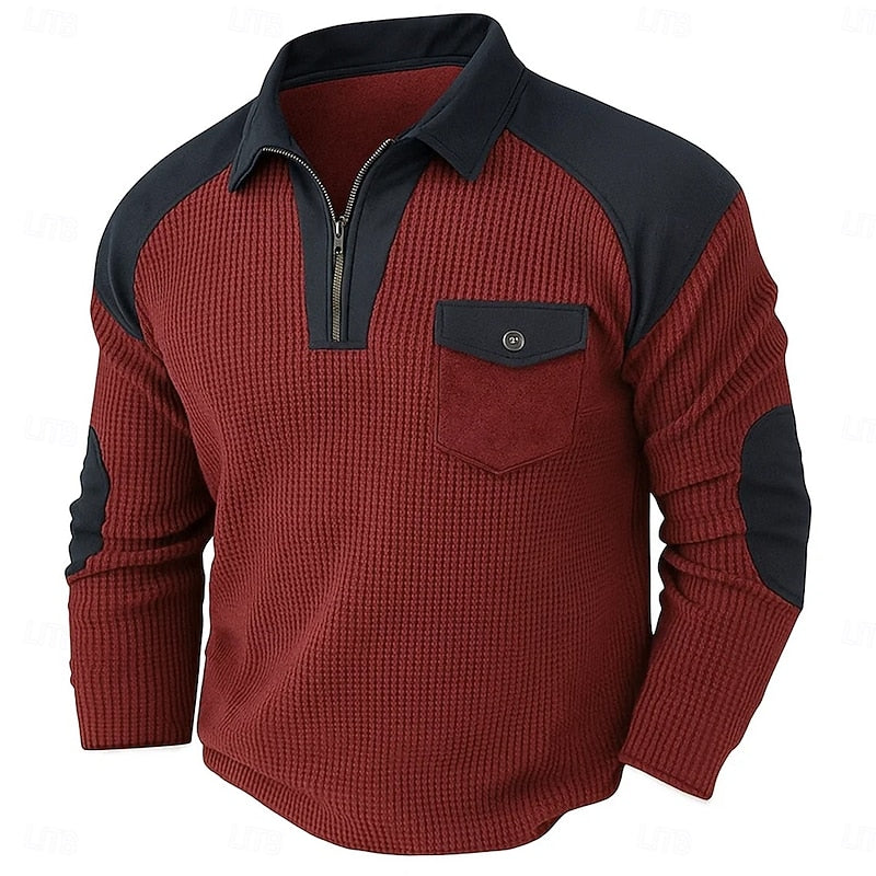 Quarter Zip Pullover with Textured Fabric and Elbow Patches, Chest Pocket