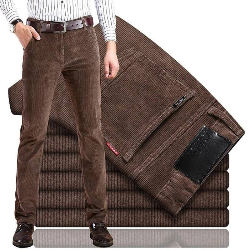 Straight Leg Corduroy Trousers with Cotton Elastane Blend and Wrinkle Resistant Fabric