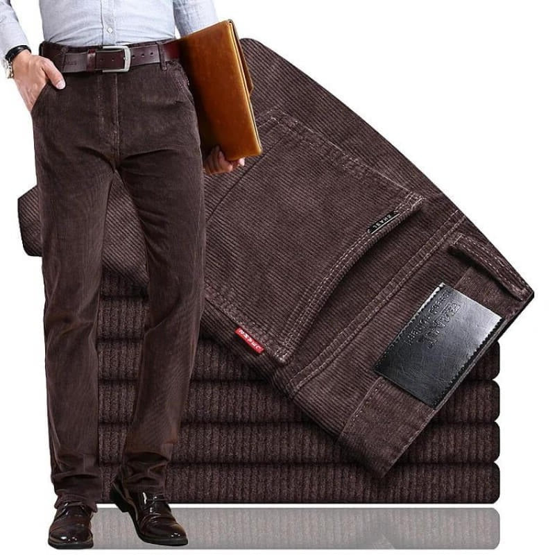 Straight Leg Corduroy Trousers with Cotton Elastane Blend and Wrinkle Resistant Fabric