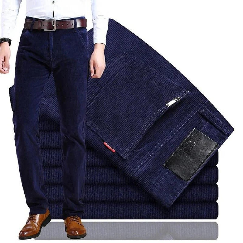Straight Leg Corduroy Trousers with Cotton Elastane Blend and Wrinkle Resistant Fabric