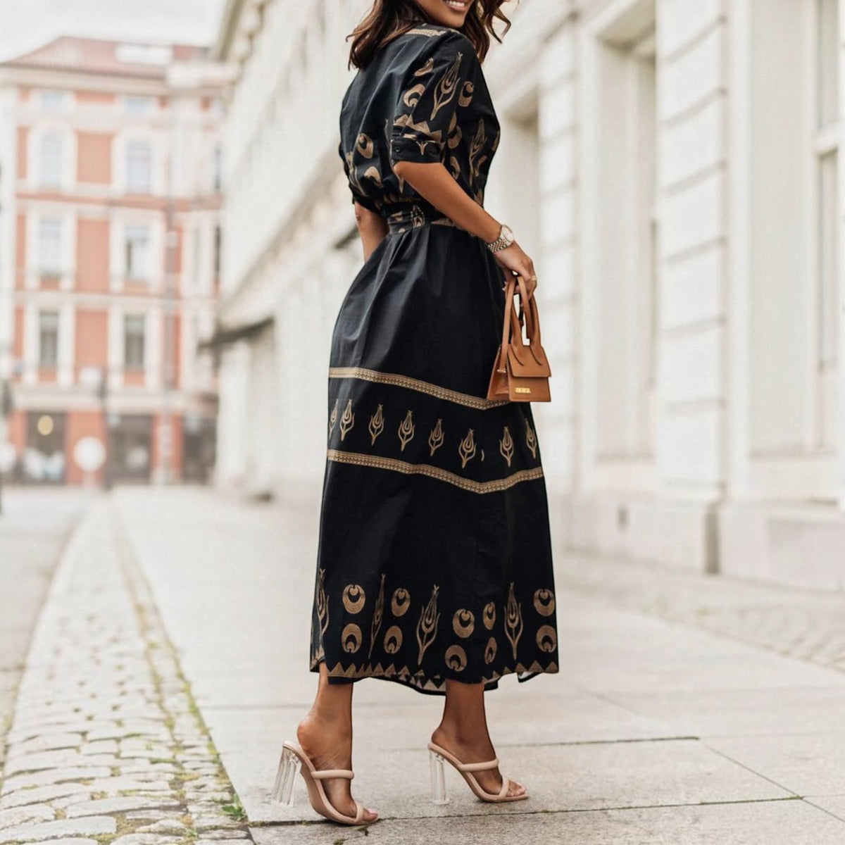 A-Line Dress with Short Sleeves and Tailored Fit, Knee to Mid-Calf Length