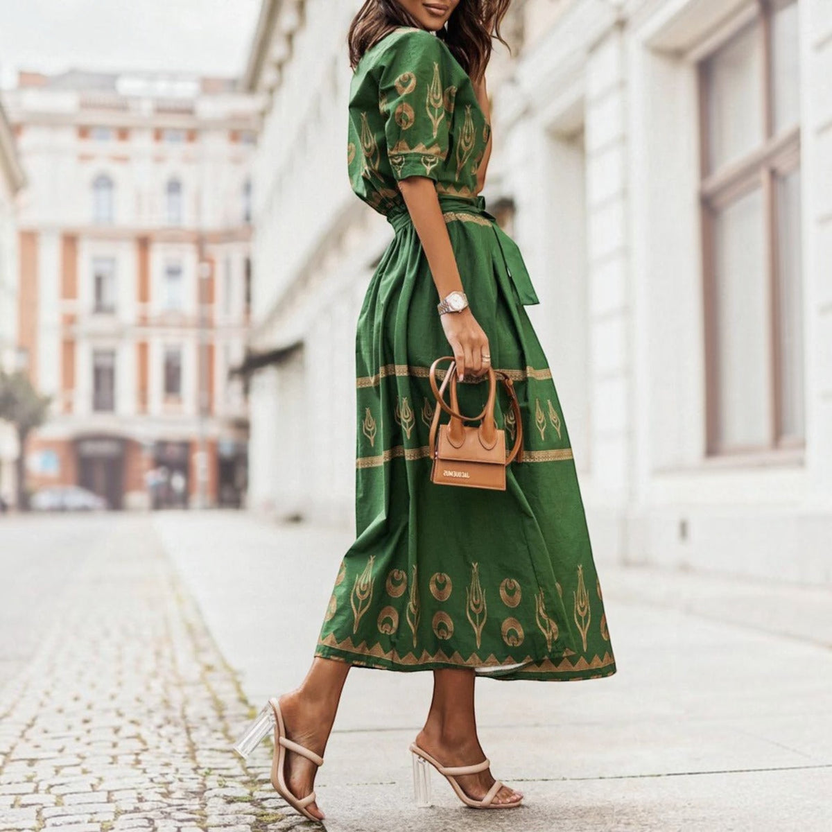 A-Line Dress with Short Sleeves and Tailored Fit, Knee to Mid-Calf Length