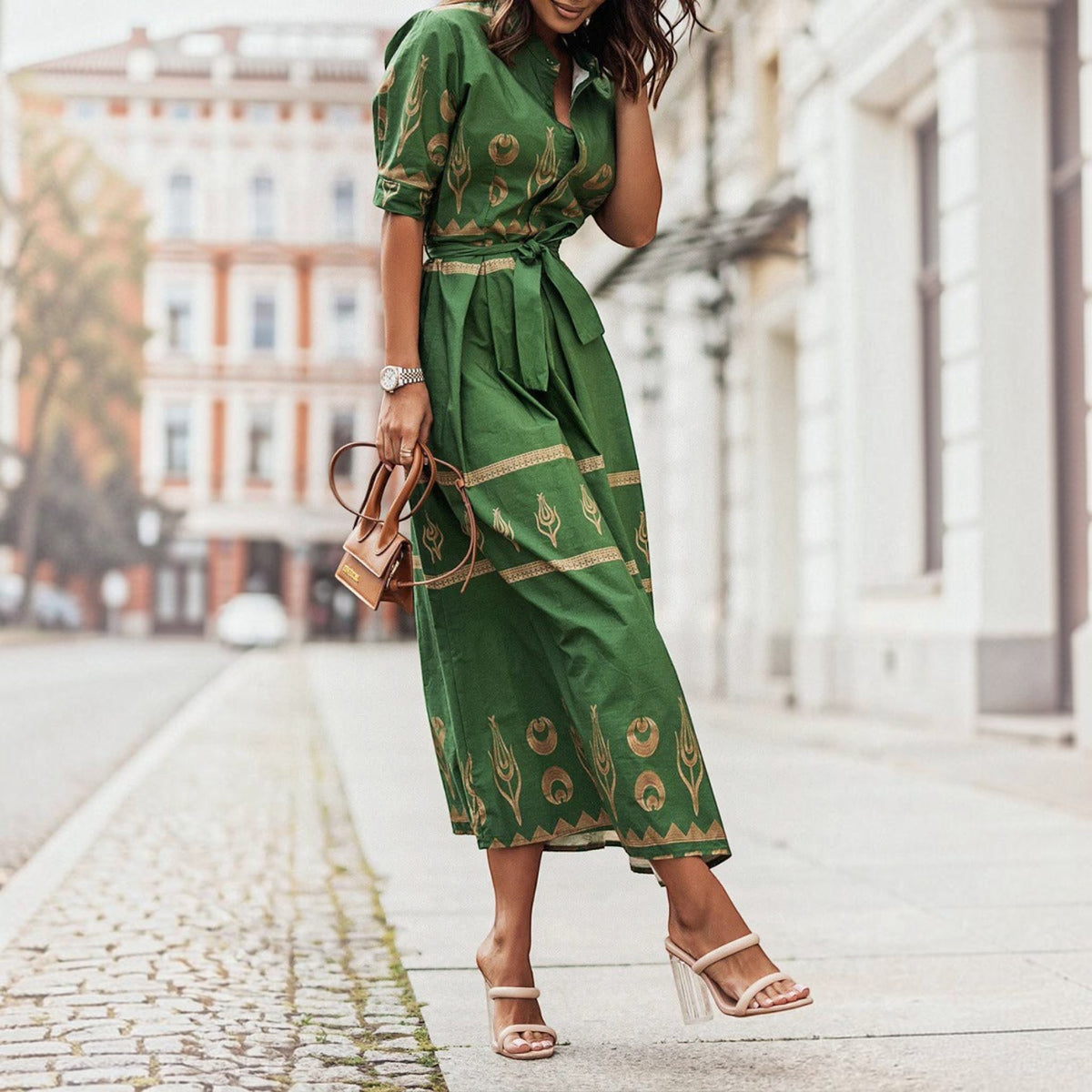 A-Line Dress with Short Sleeves and Tailored Fit, Knee to Mid-Calf Length