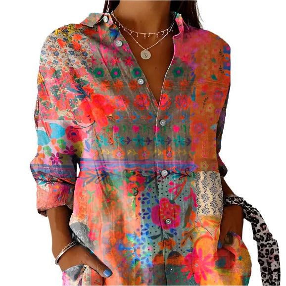 Floral Button Down Blouse with Relaxed Fit and Adjustable Sleeves for Women
