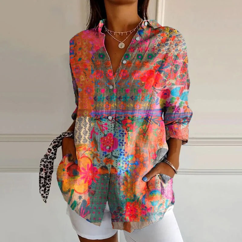 Floral Button Down Blouse with Relaxed Fit and Adjustable Sleeves for Women