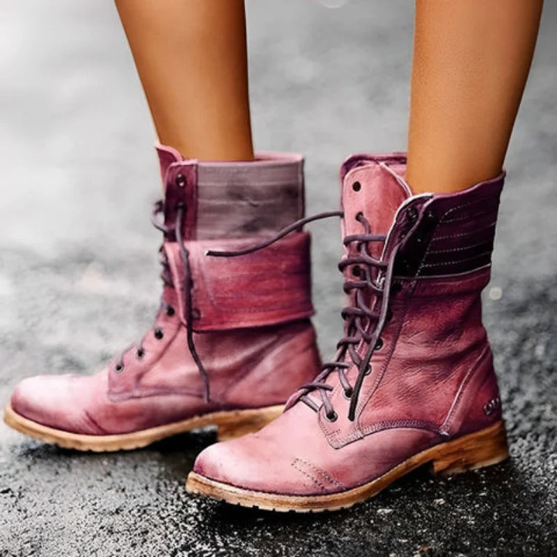 Vintage Ankle Boots with Lace-Up Closure and Grip Outsole