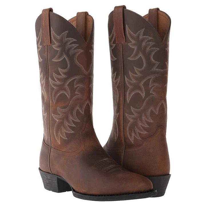 Pointed Toe Cowboy Boots with Mid Calf Shaft and Structured Heel, Rubber Sole